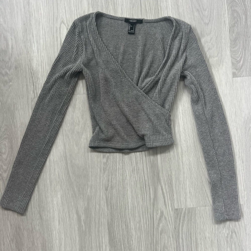 Forever 21 Charcoal Ribbed Wrap Blouse